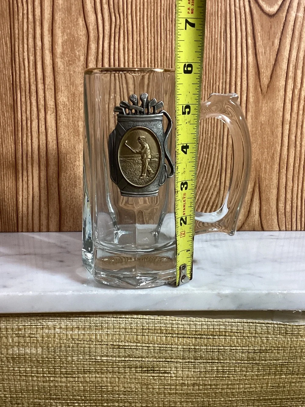 Glass Beer Stein Mug with Golf Emblem - Clear Raised Metal Medallion